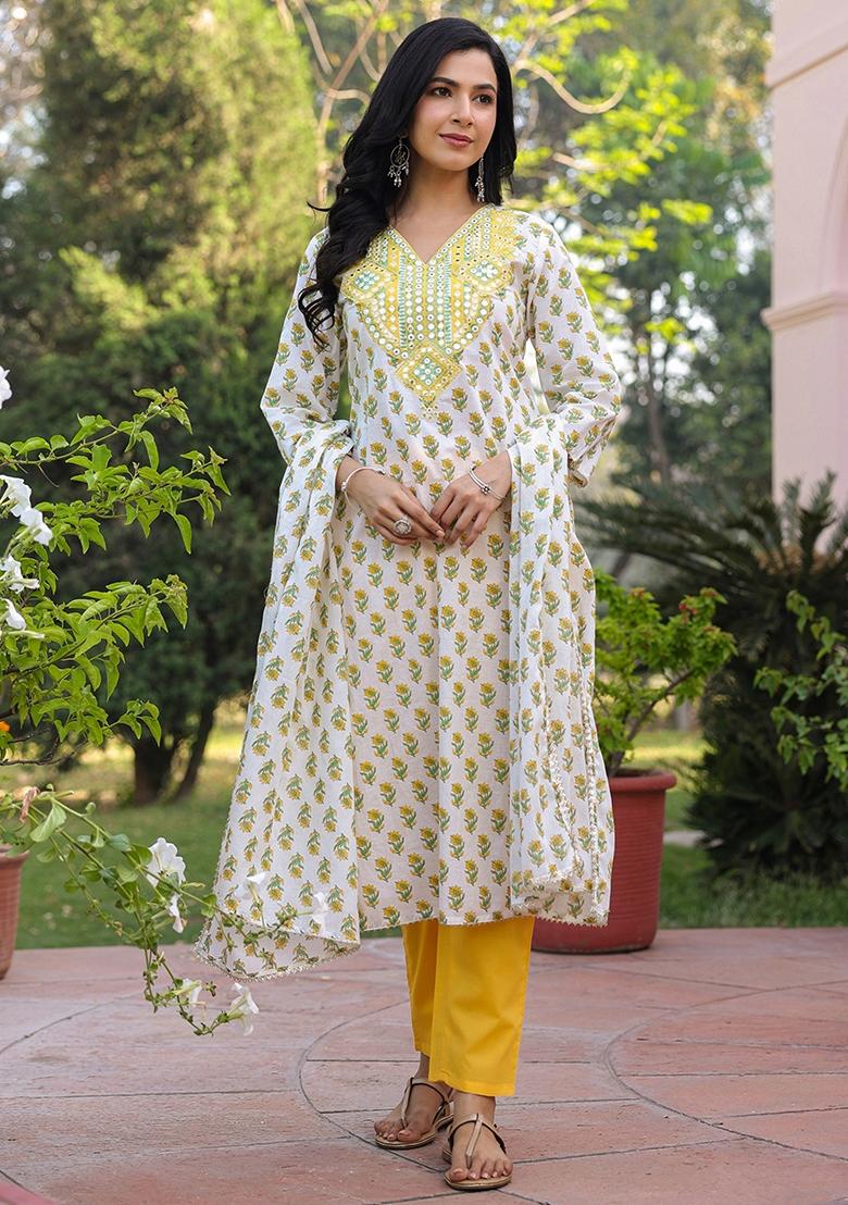 Yellow Embroidered Cotton Cambric Straight Kurta Set - Indya
