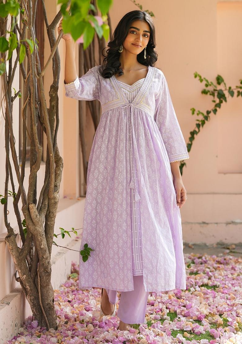 Lavender Khari Printed Cotton Mulmul Fusion Set - Indya