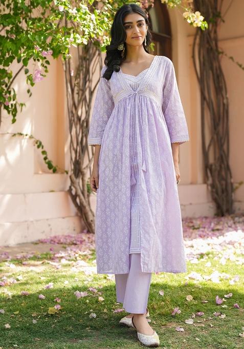 Lavender Khari Printed Cotton Mulmul Fusion Set