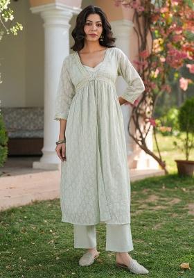 Pista Green Khari Printed Cotton Mulmul Fusion Set