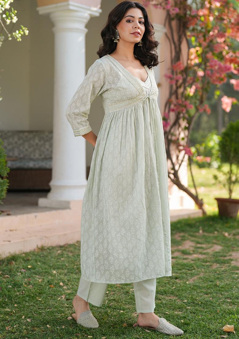 Pista Green Khari Printed Cotton Mulmul Fusion Set - Indya