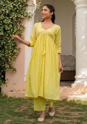 Yellow Khari Printed Cotton Mulmul Fusion Set