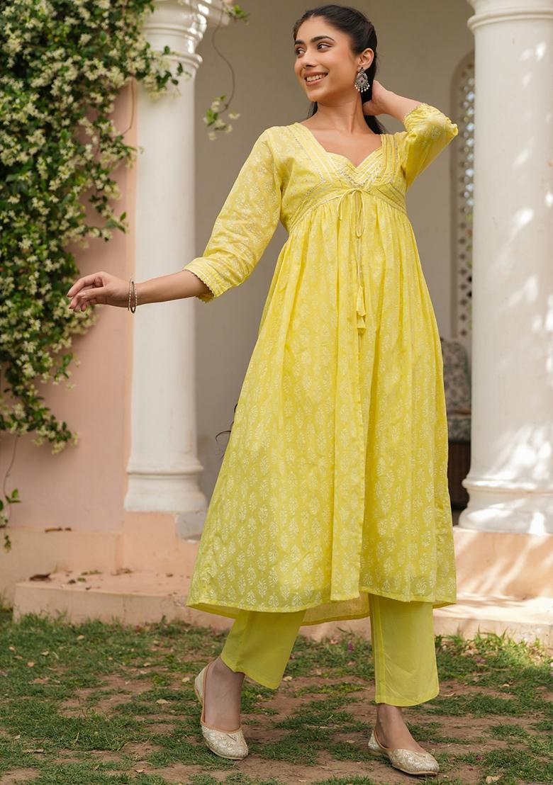 Yellow Khari Printed Cotton Mulmul Fusion Set - Indya