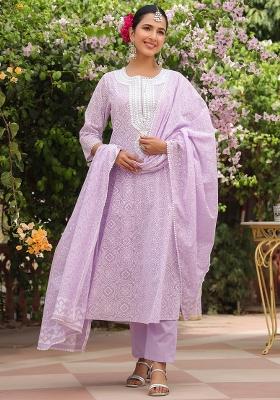 Lavender Khari Printed Cotton Mulmul Anarkali Set With Dupatta