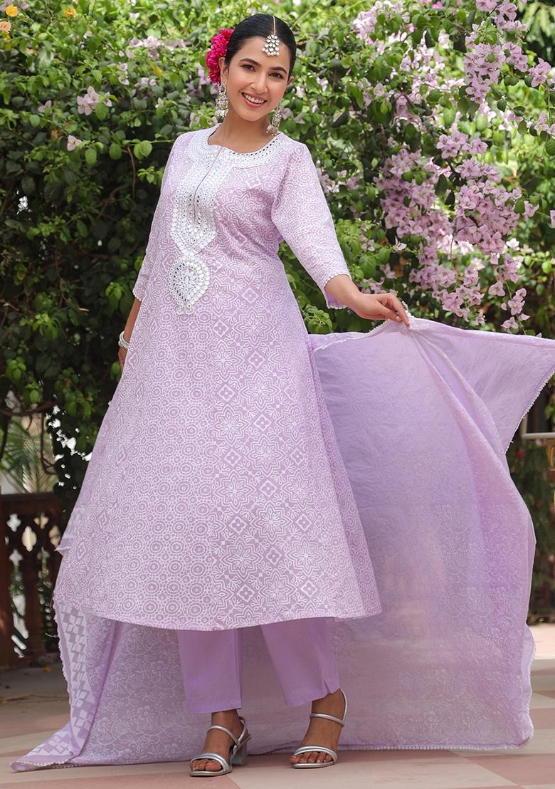 Lavender Khari Printed Cotton Mulmul Anarkali Set With Dupatta - Indya