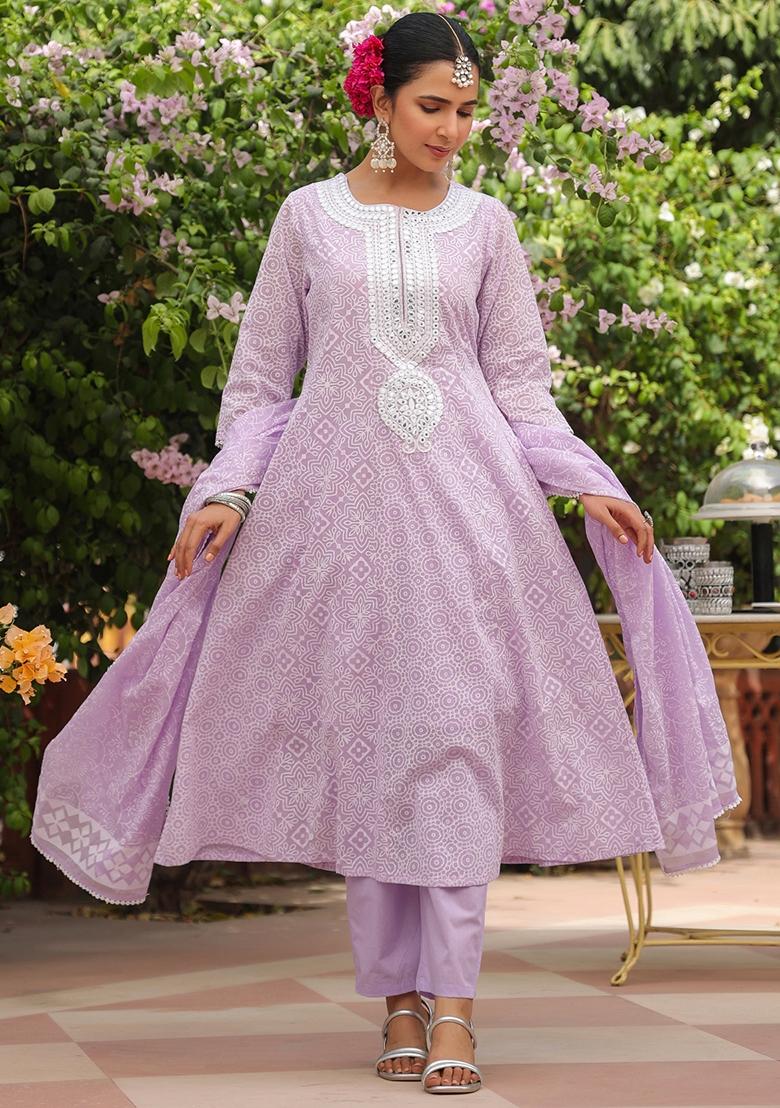 Lavender Khari Printed Cotton Mulmul Anarkali Set With Dupatta - Indya