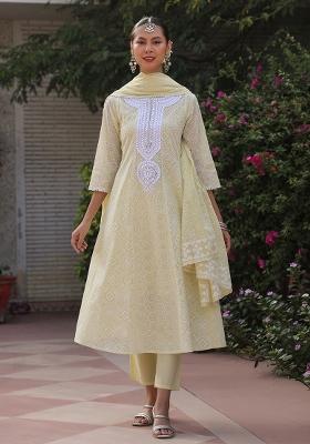 Lime Green Khari Printed Cotton Mulmul Anarkali Set With Dupatta