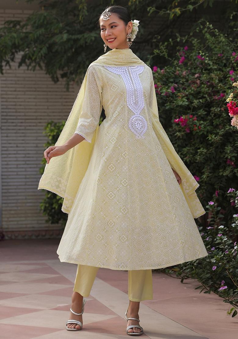 Lime Green Khari Printed Cotton Mulmul Anarkali Set With Dupatta - Indya