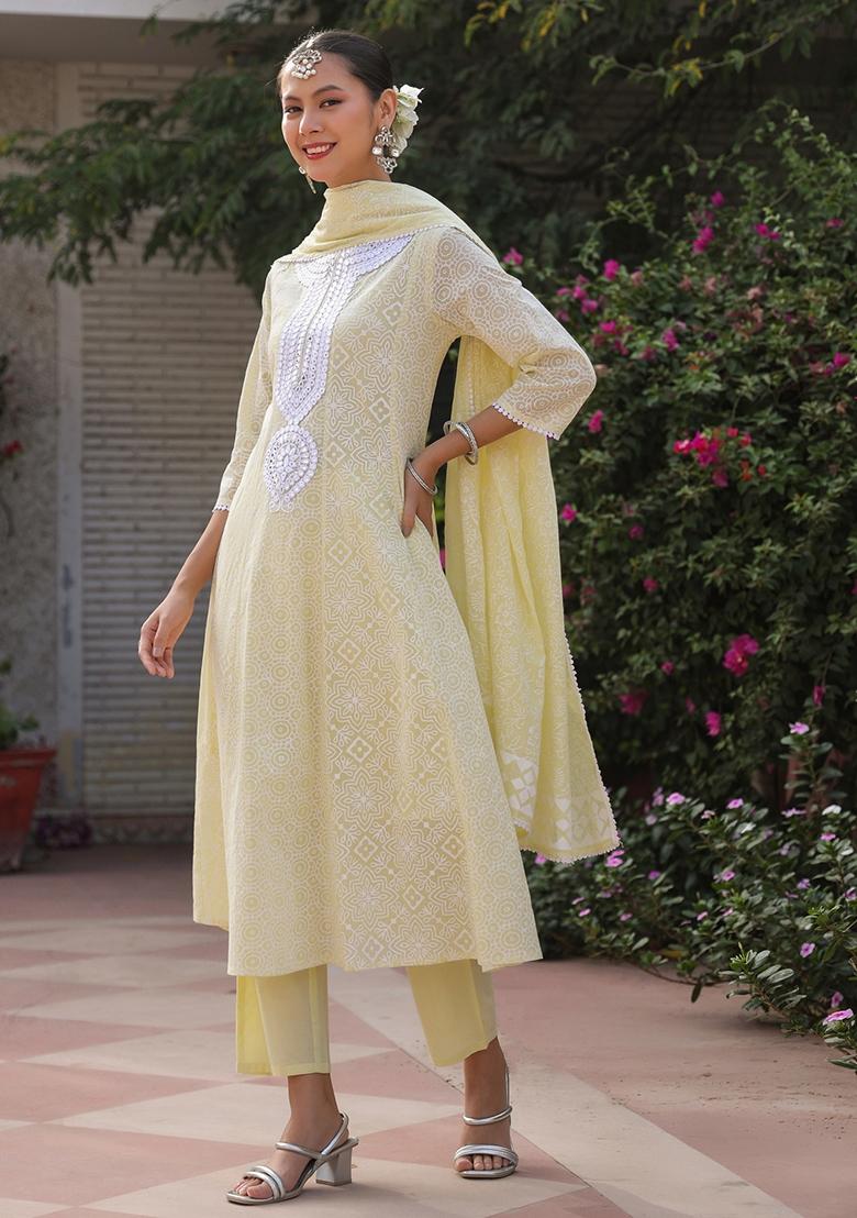 Lime Green Khari Printed Cotton Mulmul Anarkali Set With Dupatta - Indya