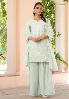 Pista Green Chikankari Cotton Jacquard Sharara Set With Dupatta