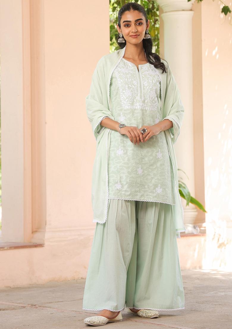 Pista Green Chikankari Cotton Jacquard Sharara Set With Dupatta - Indya