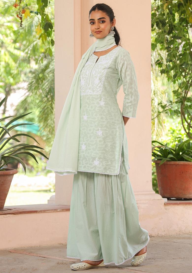 Pista Green Chikankari Cotton Jacquard Sharara Set With Dupatta - Indya