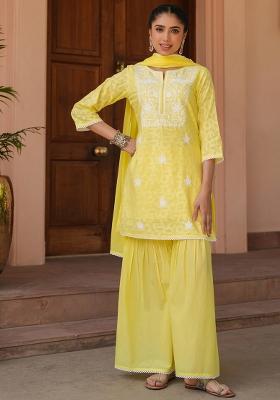 Yellow Chikankari Cotton Jacquard Sharara Set With Dupatta