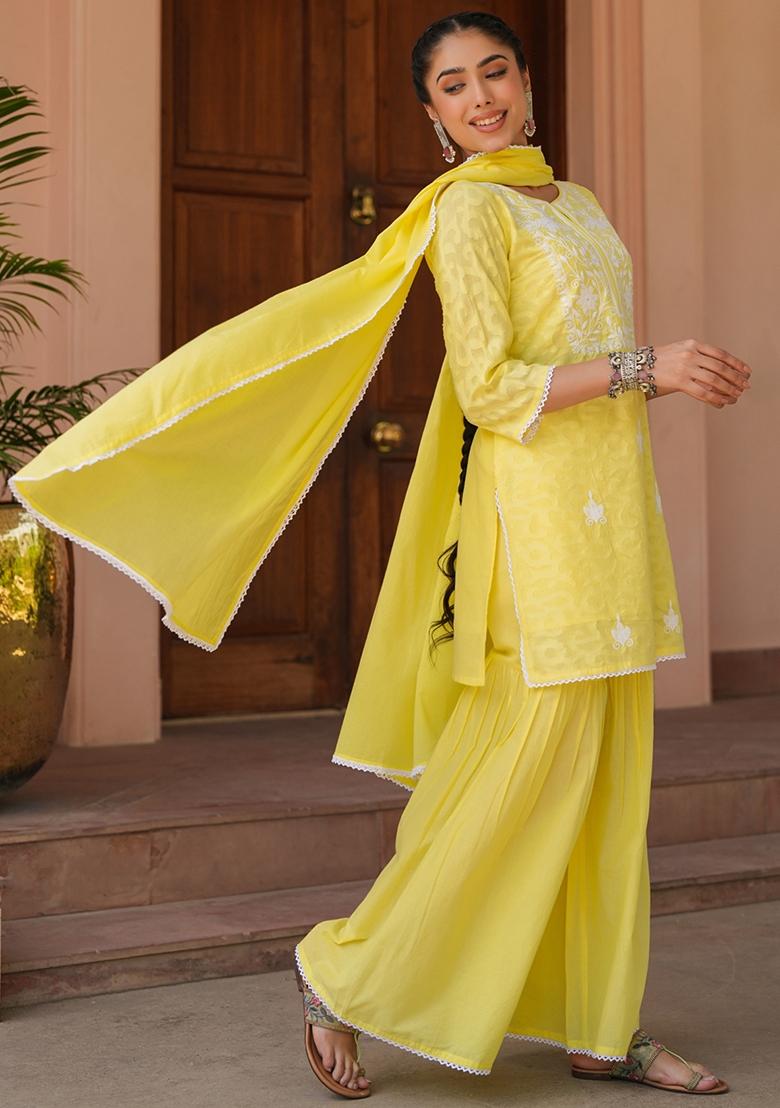 Yellow Chikankari Cotton Jacquard Sharara Set With Dupatta - Indya