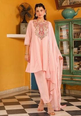 Pink Embroidered Chanderi Silk Anarkali Set With Dupatta