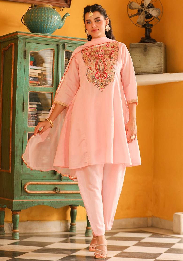 Pink Embroidered Chanderi Silk Anarkali Set With Dupatta - Indya