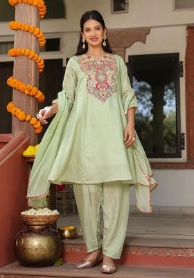 Pista Green Embroidered Chanderi Silk Anarkali Set With Dupatta