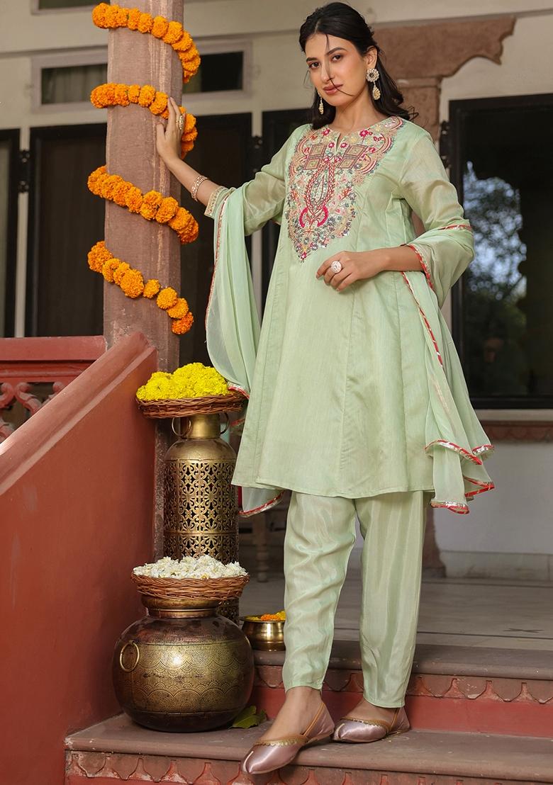 Pista Green Embroidered Chanderi Silk Anarkali Set With Dupatta - Indya