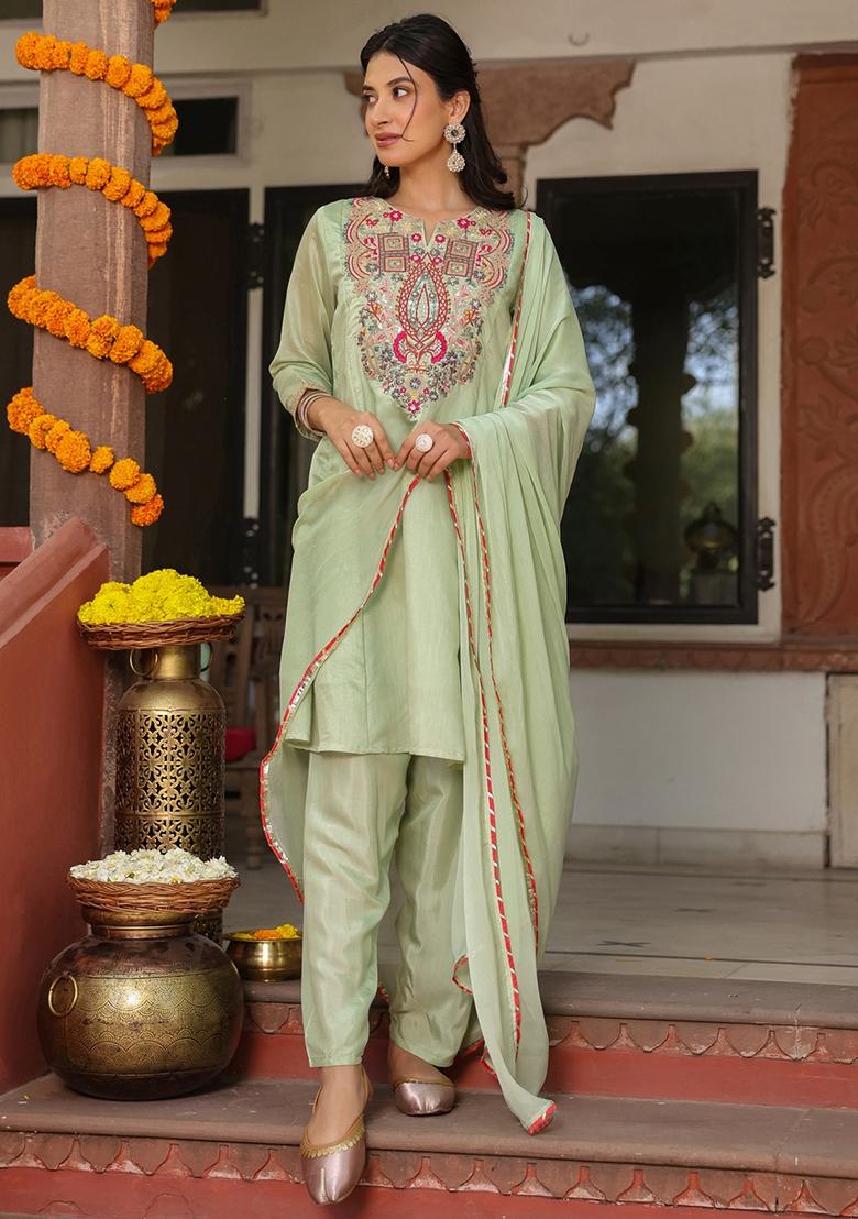 Pista Green Embroidered Chanderi Silk Anarkali Set With Dupatta - Indya