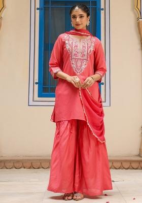 Coral Embroidered Chanderi Silk Sharara Set With Dupatta
