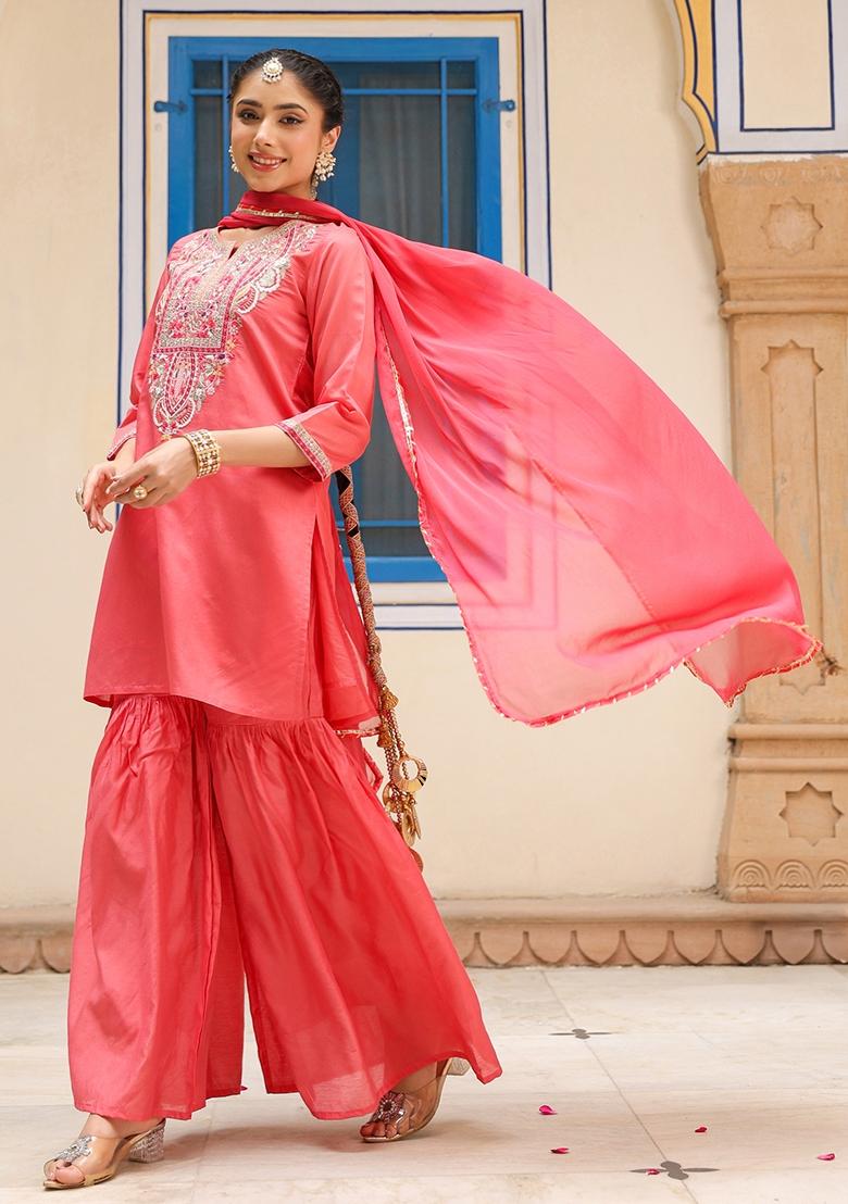 Coral Embroidered Chanderi Silk Sharara Set With Dupatta - Indya