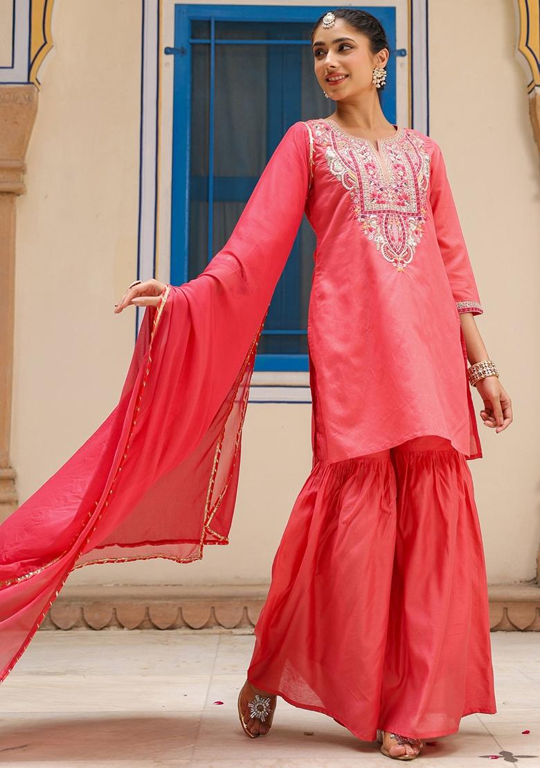 Coral Embroidered Chanderi Silk Sharara Set With Dupatta - Indya