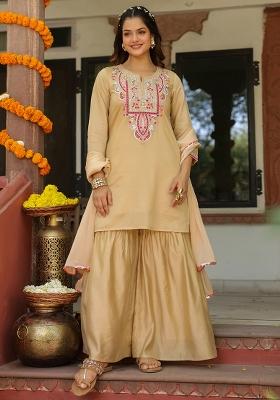 Beige Embroidered Chanderi Silk Sharara Set With Dupatta