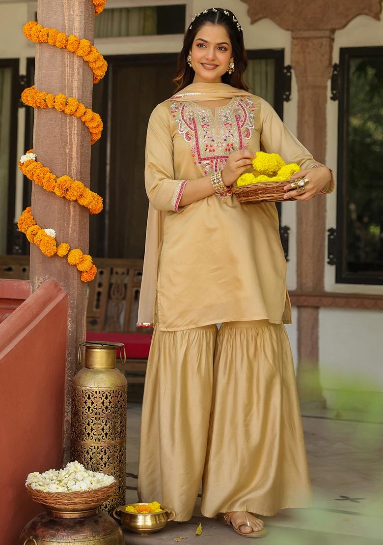 Beige Embroidered Chanderi Silk Sharara Set With Dupatta - Indya