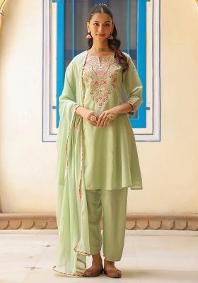 Pista Green Embroidered Chanderi Silk Anarkali Set With Dupatta