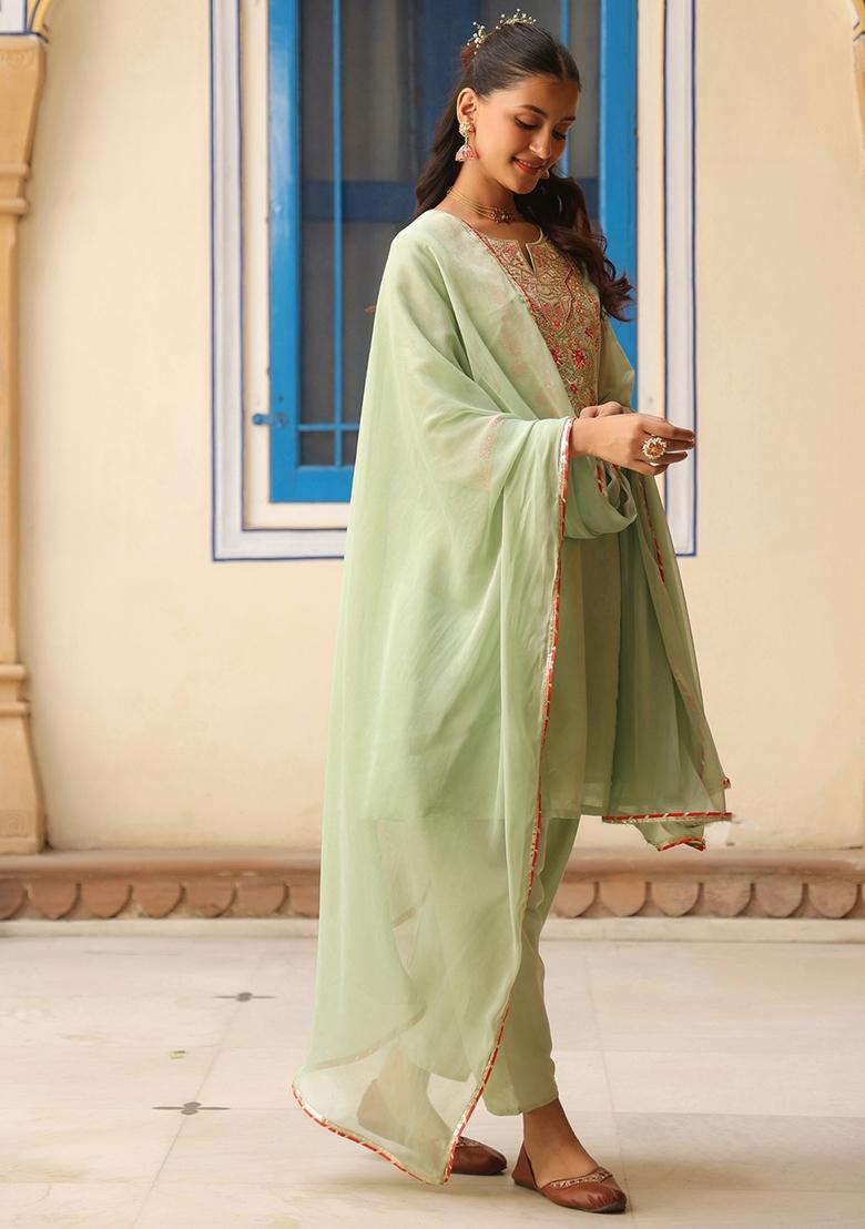Pista Green Embroidered Chanderi Silk Anarkali Set With Dupatta - Indya