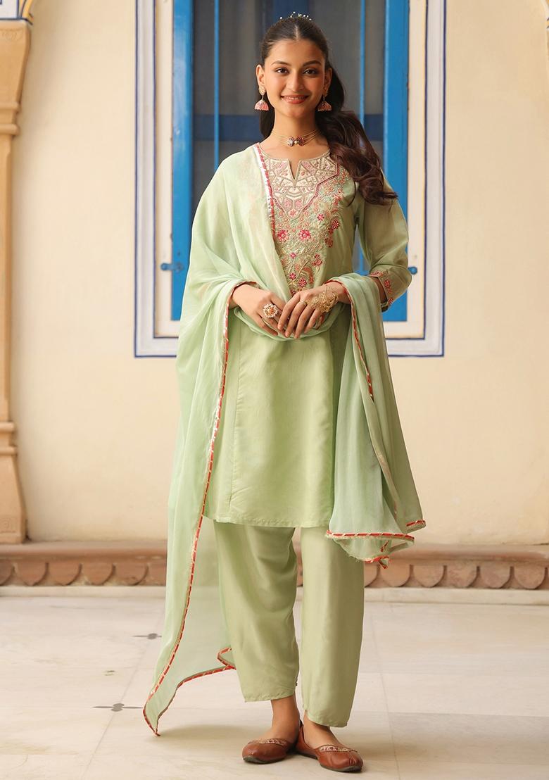 Pista Green Embroidered Chanderi Silk Anarkali Set With Dupatta - Indya