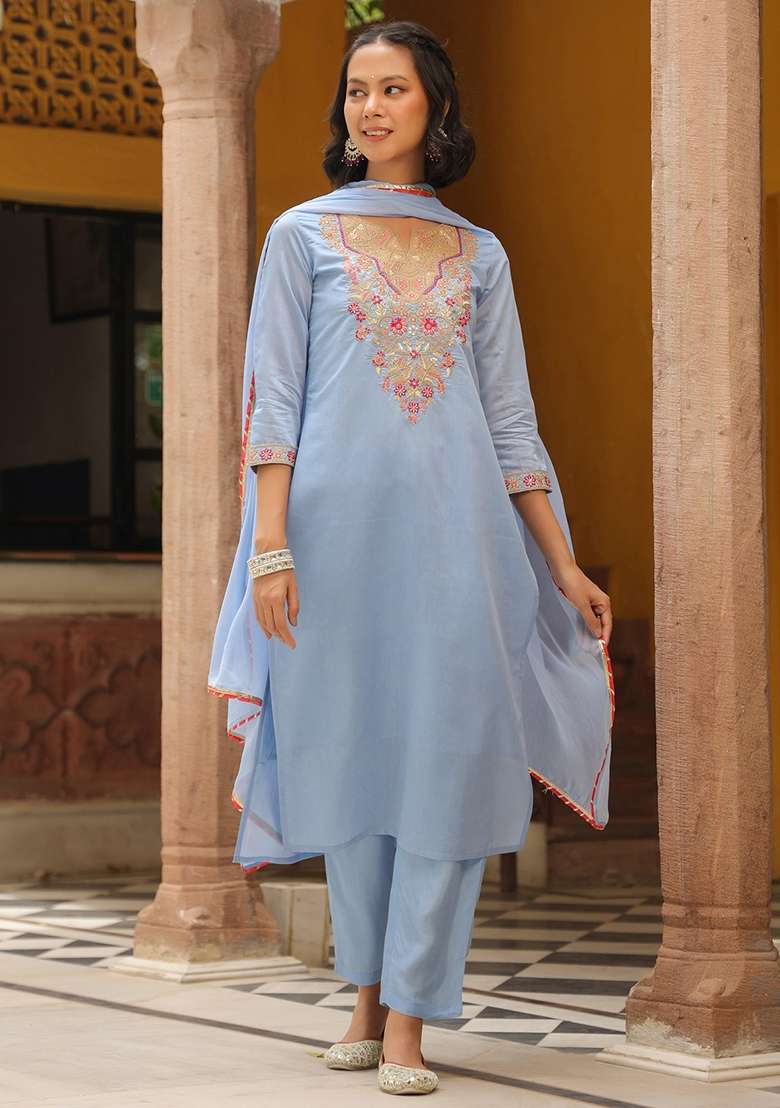 Blue Embroidered Silk Straight Kurta Set - Indya