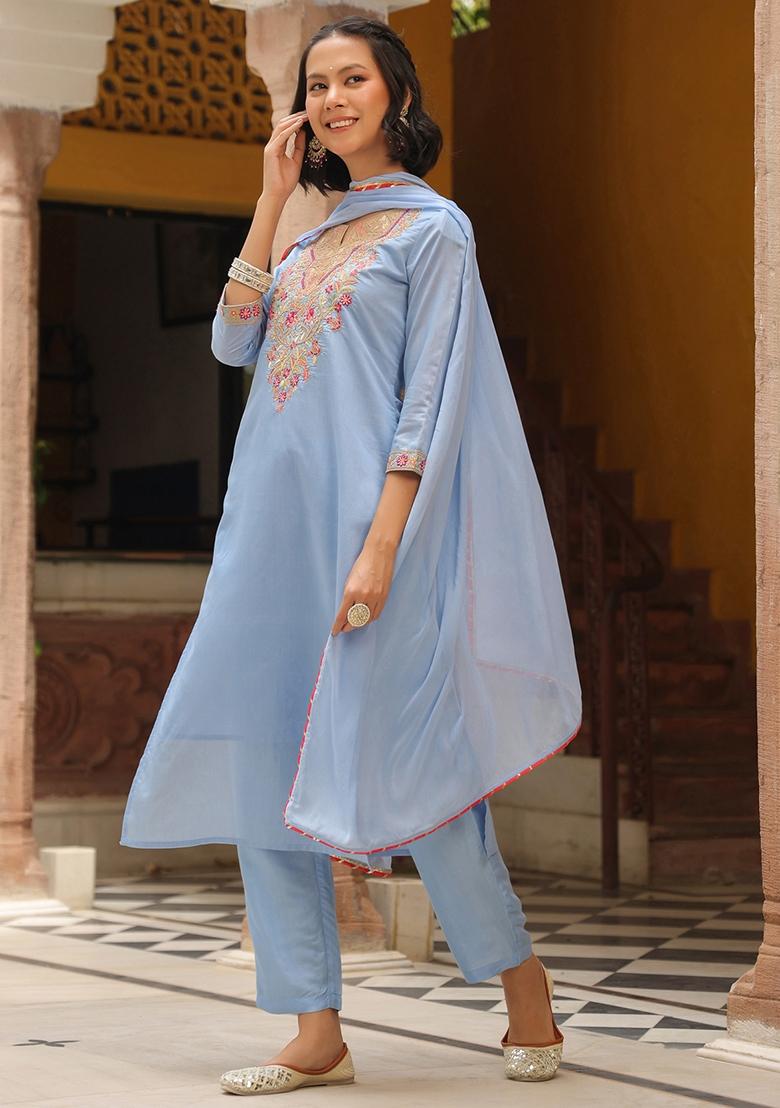 Blue Embroidered Chanderi Silk Straight Kurta Set - Indya