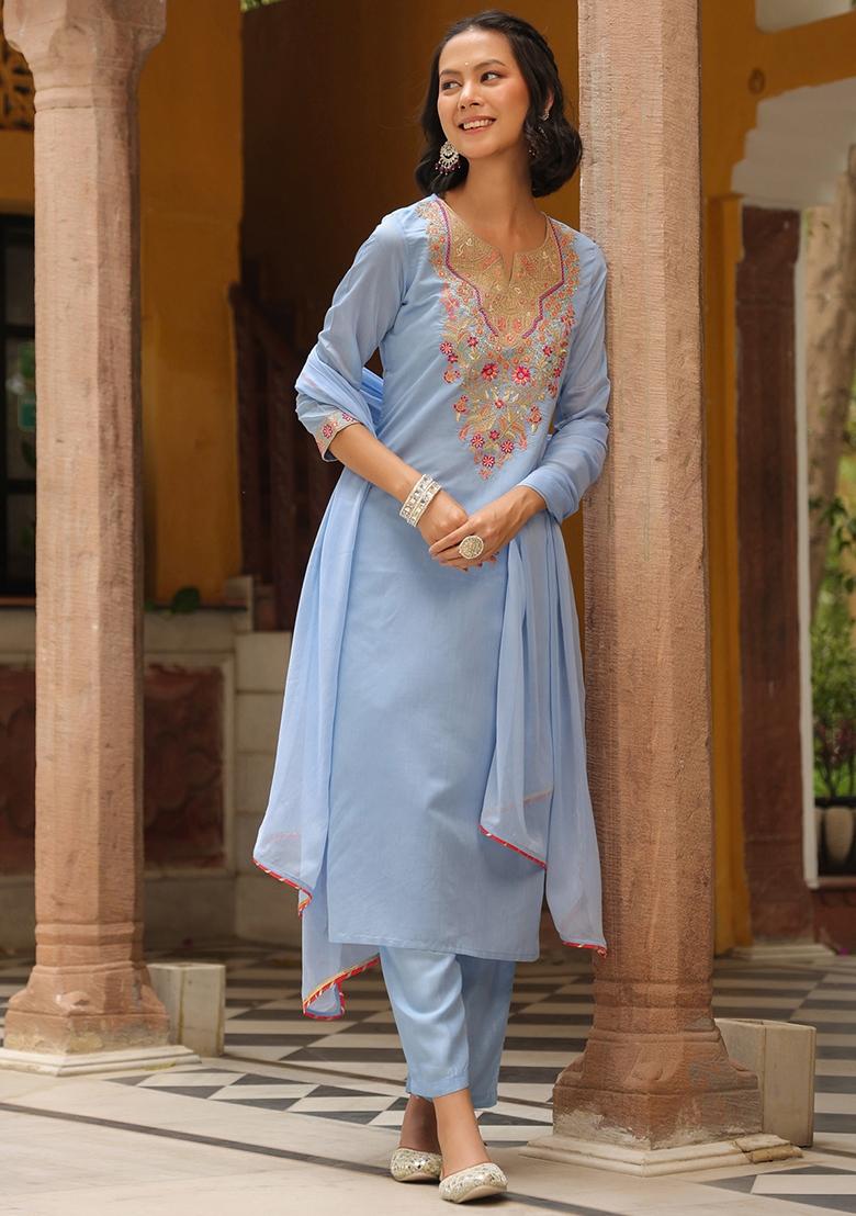 Blue Embroidered Chanderi Silk Straight Kurta Set - Indya