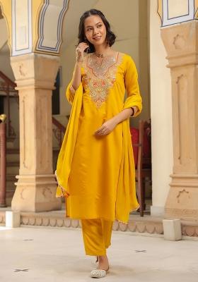 Mustard Embroidered Chanderi Silk Straight Kurta Set