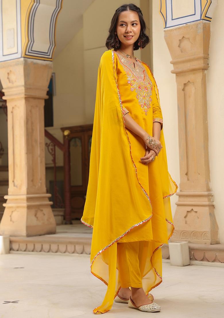 Mustard Embroidered Chanderi Silk Straight Kurta Set - Indya