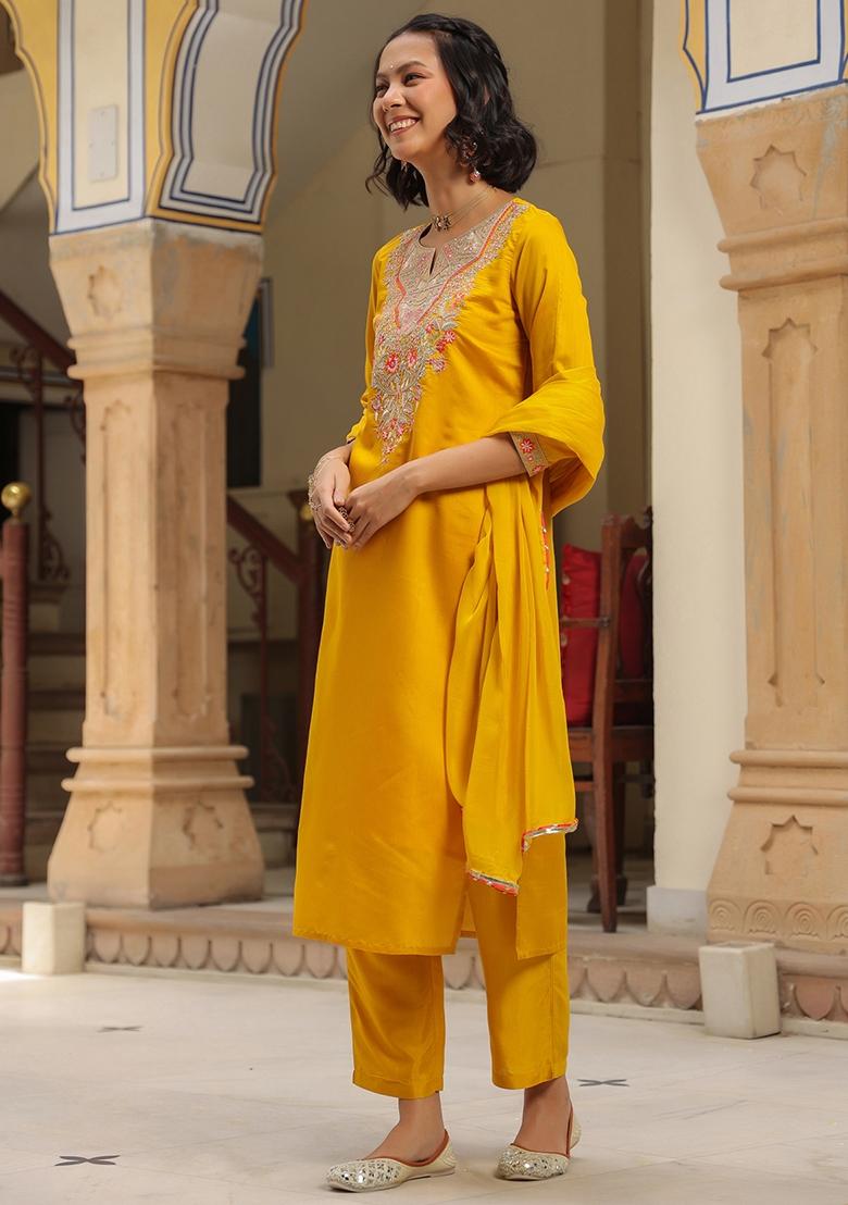 Mustard Embroidered Chanderi Silk Straight Kurta Set - Indya