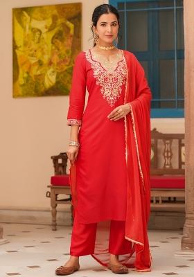 Red Embroidered Chanderi Silk Straight Kurta Set