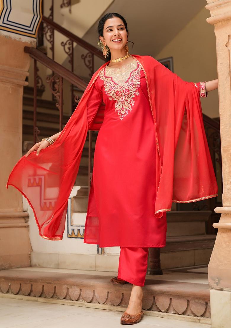 Red Embroidered Chanderi Silk Straight Kurta Set - Indya