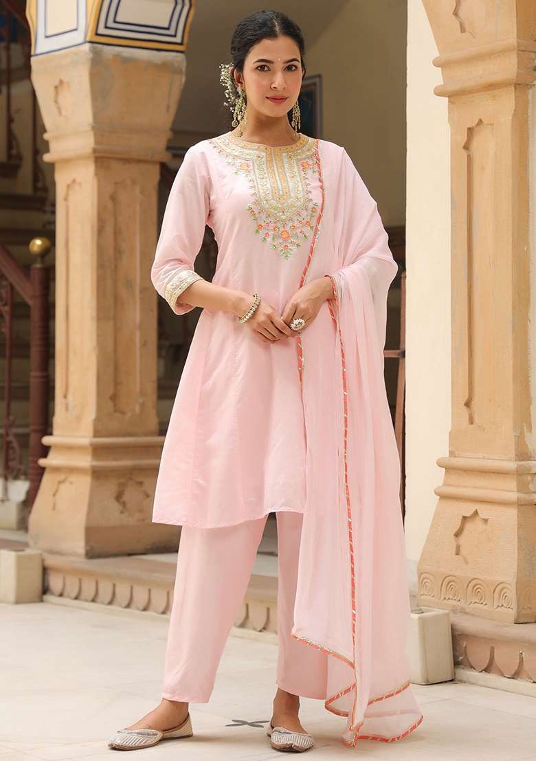 Pink Embroidered Silk Straight Kurta Set - Indya