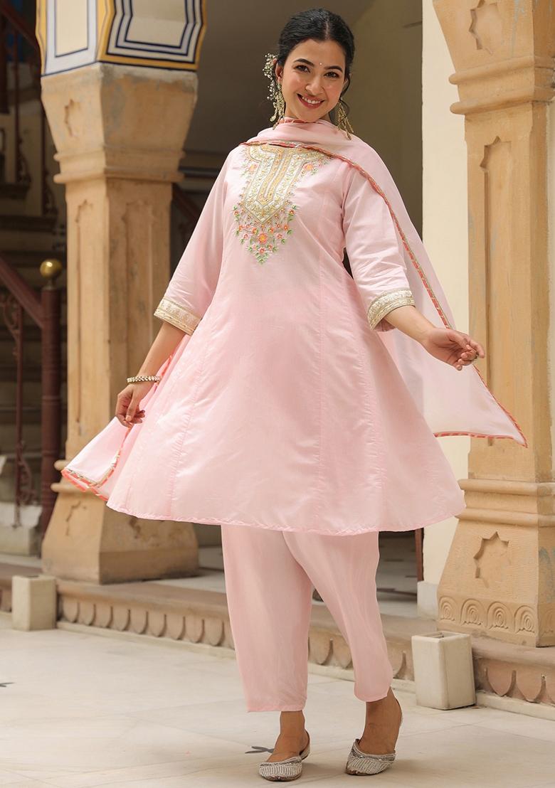 Pink Embroidered Chanderi Silk Anarkali Set With Dupatta - Indya