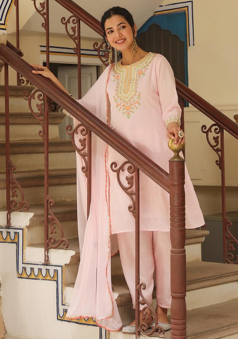 Pink Embroidered Chanderi Silk Anarkali Set With Dupatta - Indya