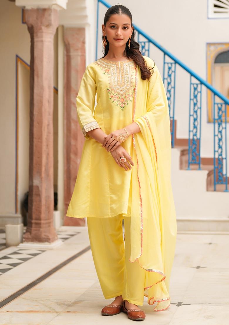 Yellow Embroidered Chanderi Silk Anarkali Set With Dupatta - Indya