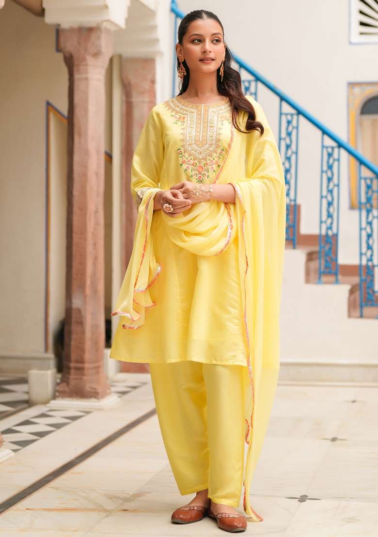 Yellow Embroidered Silk Punjabi Suit - Indya