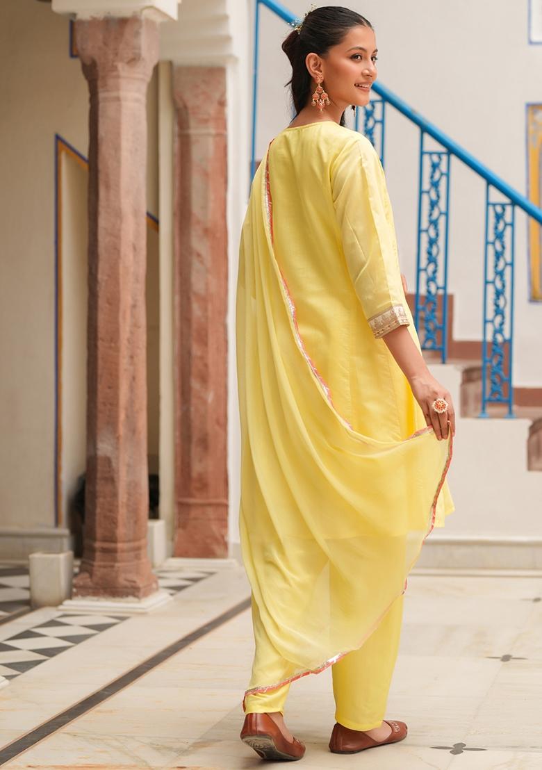 Yellow Embroidered Chanderi Silk Anarkali Set With Dupatta - Indya