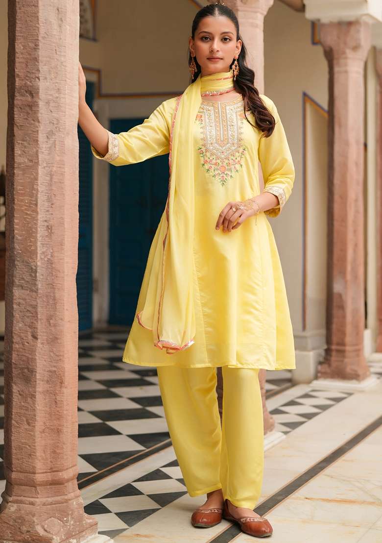 Yellow Embroidered Silk Punjabi Suit - Indya