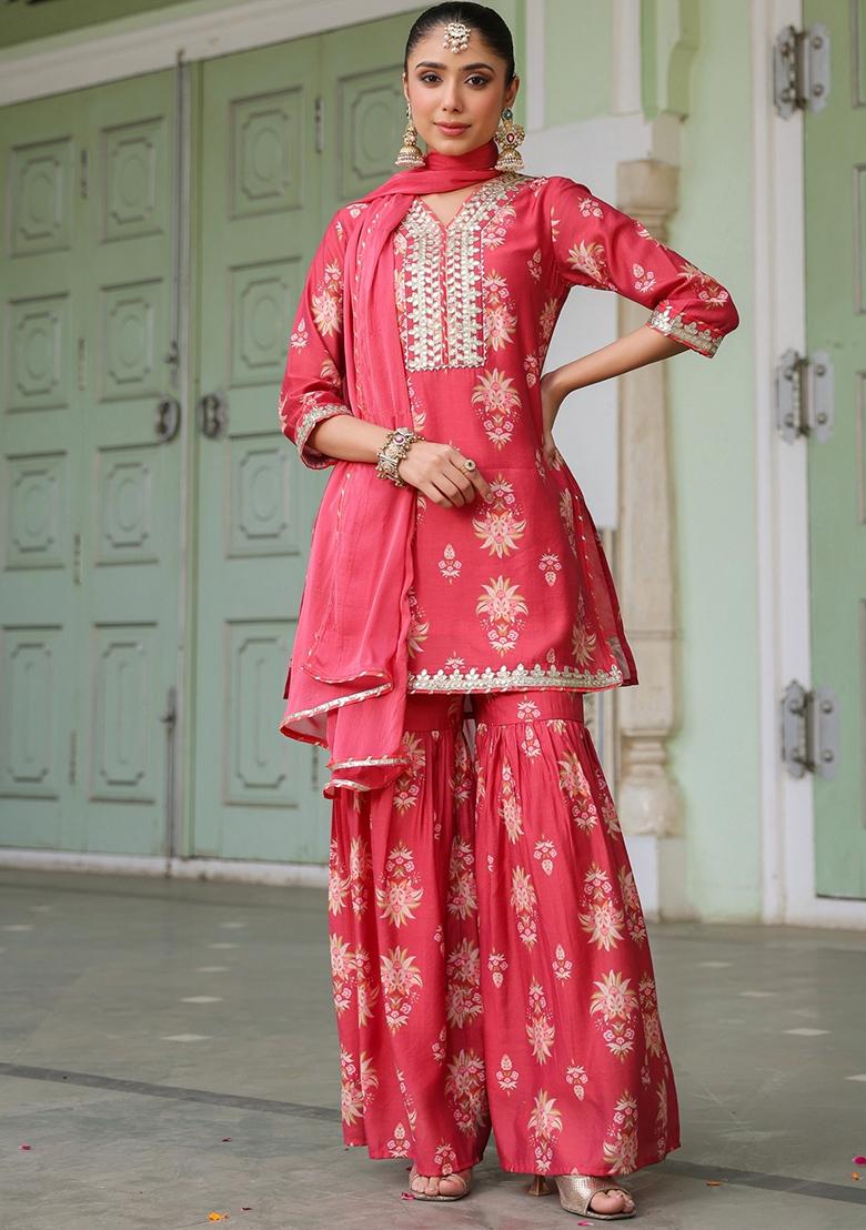 Coral Floral Printed Chanderi Silk Sharara Set With Dupatta - Indya