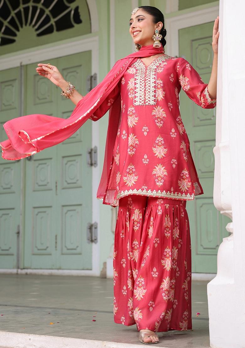 Coral Floral Printed Chanderi Silk Sharara Set With Dupatta - Indya