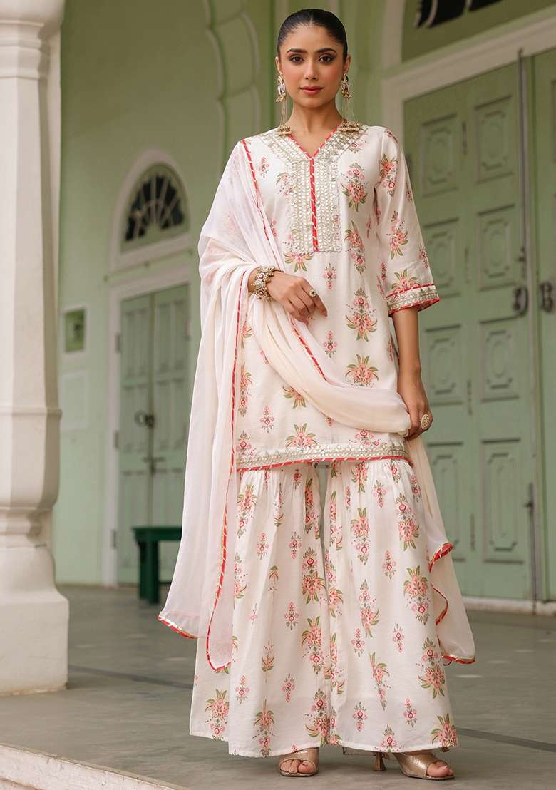 Ivory Embroidered Chanderi Sharara Set - Indya