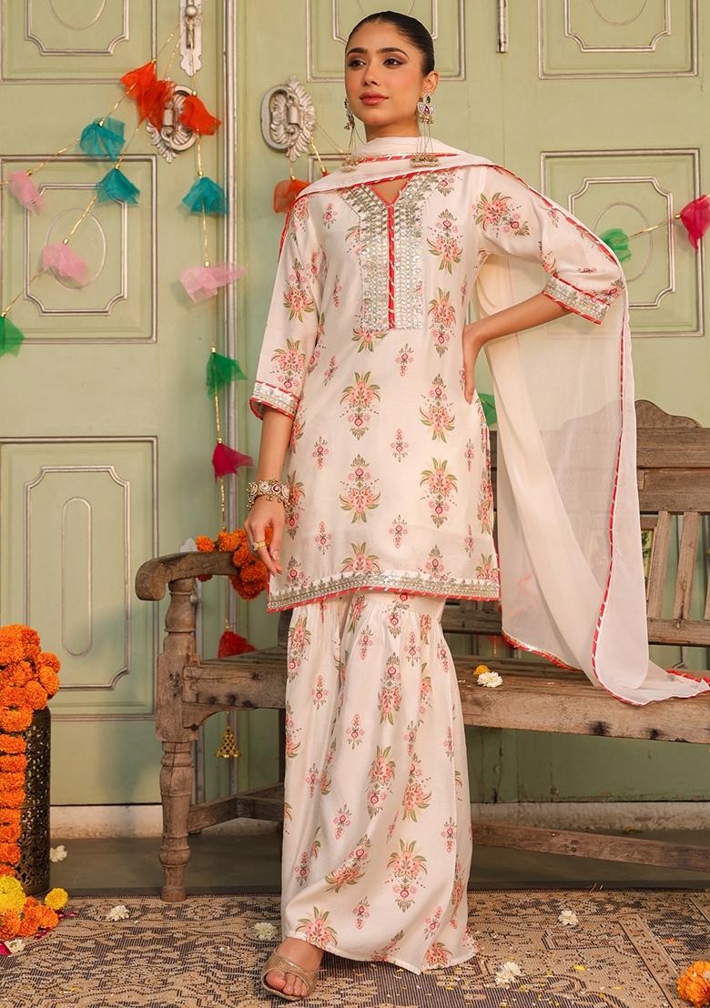 Ivory Floral Printed Chanderi Silk Sharara Set With Dupatta - Indya